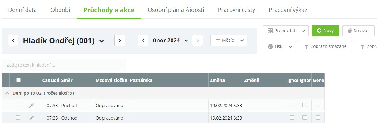 Obr. 19: Záložka „Průchody a akce“ v osobním výkaze uživatele